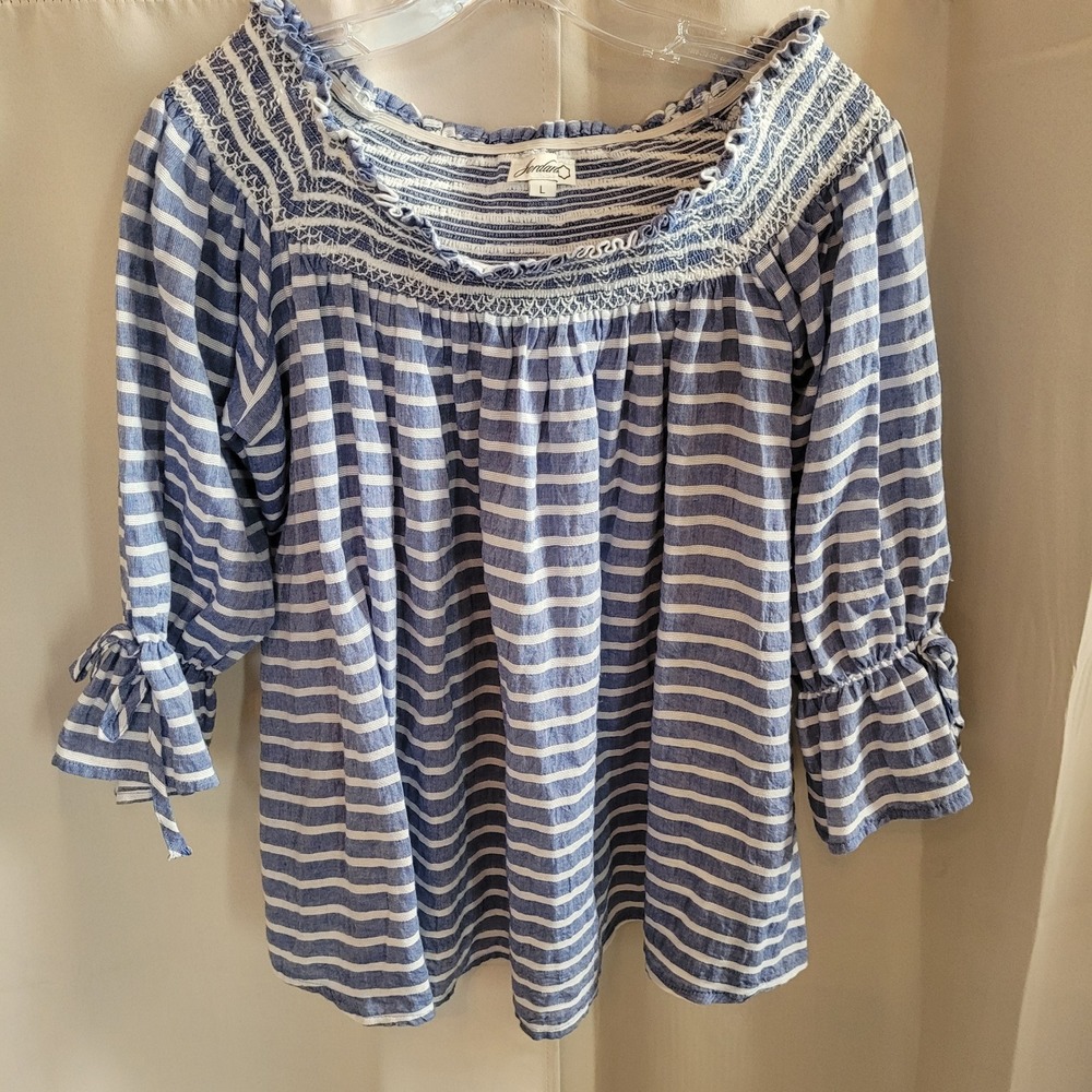 Nautical Womens Top Large Off The Shoulder Striped Smocked Nautical Preppy 21822